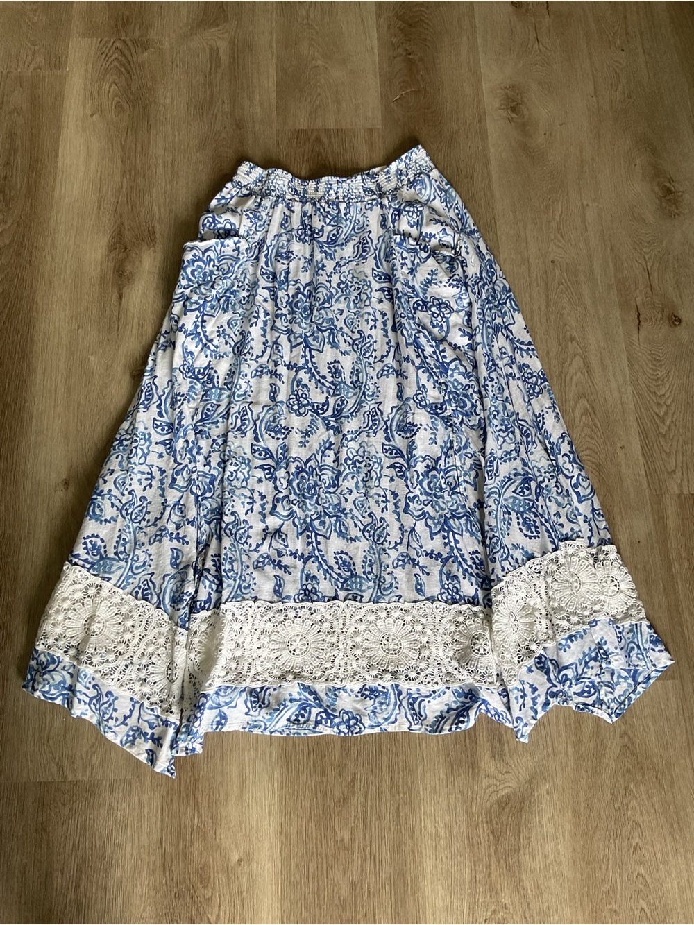 Caroline Constas skirt large linen blend Blue and White Floral Crochet-Hem Skirt